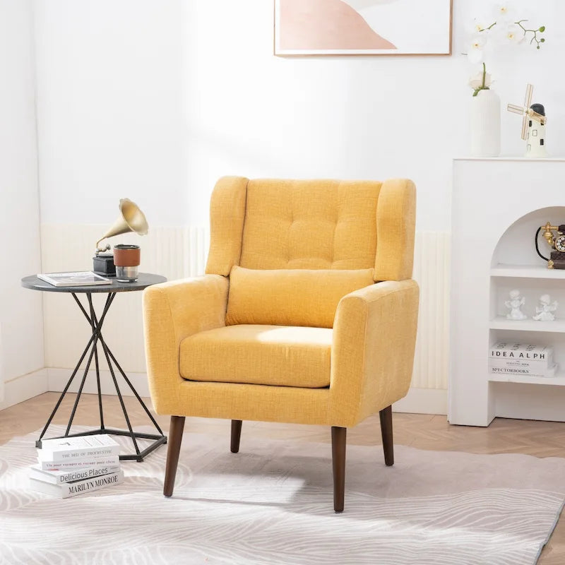 Mid-Century Modern Chenille Accent Chair High Back with Waist Cushion Wood Legs