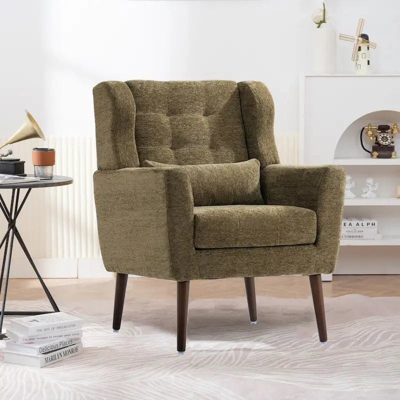 Mid-Century Modern Chenille Accent Chair High Back with Waist Cushion Wood Legs
