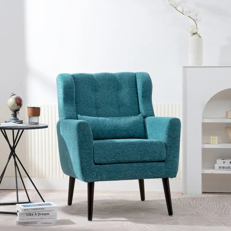 Mid-Century Modern Chenille Accent Chair High Back with Waist Cushion Wood Legs