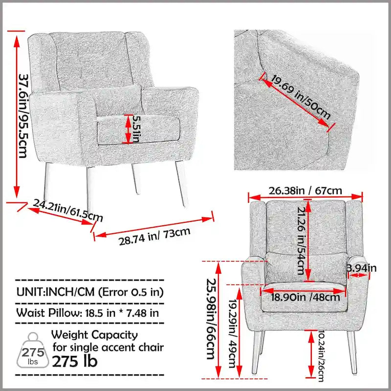Mid-Century Modern Chenille Accent Chair High Back with Waist Cushion Wood Legs