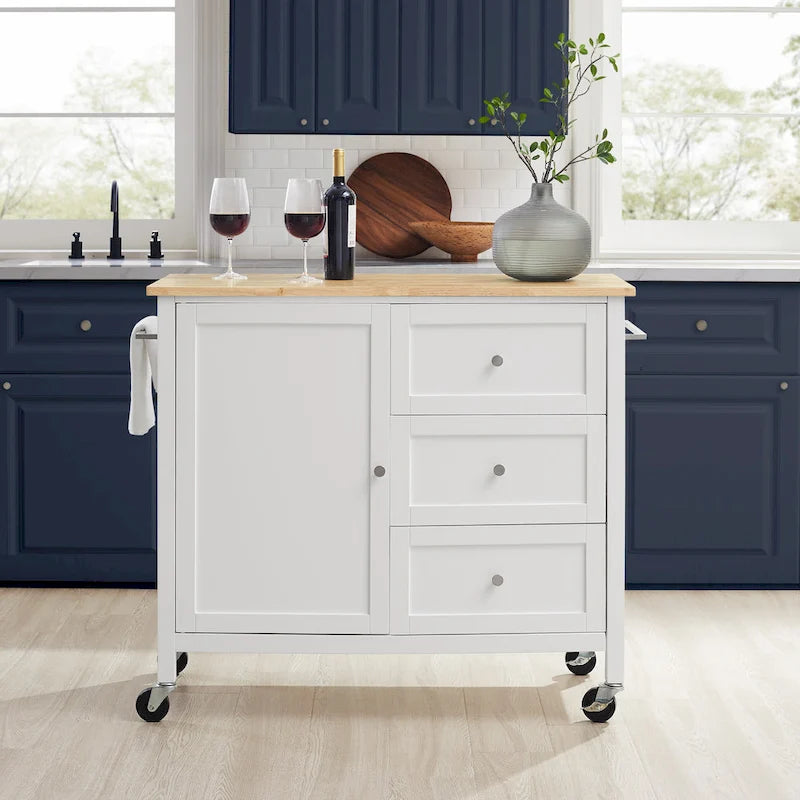 Kitchen Island Cart Wood Top Shaker Cabinet 3 Drawers Towel Bars Caster Wheels White