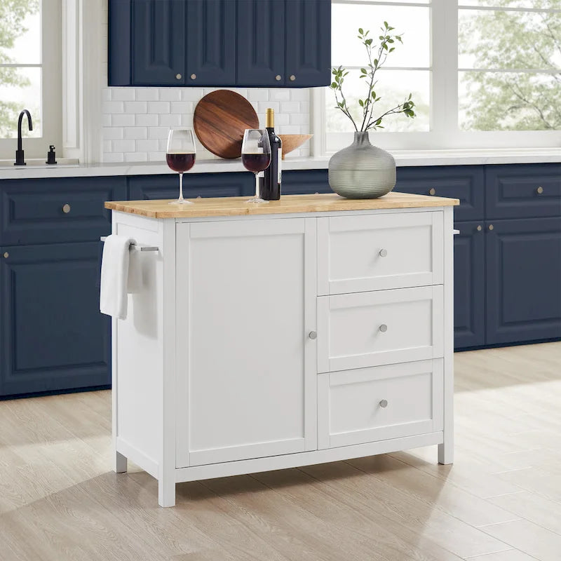 Kitchen Island Cart Wood Top Shaker Cabinet 3 Drawers Towel Bars Caster Wheels White