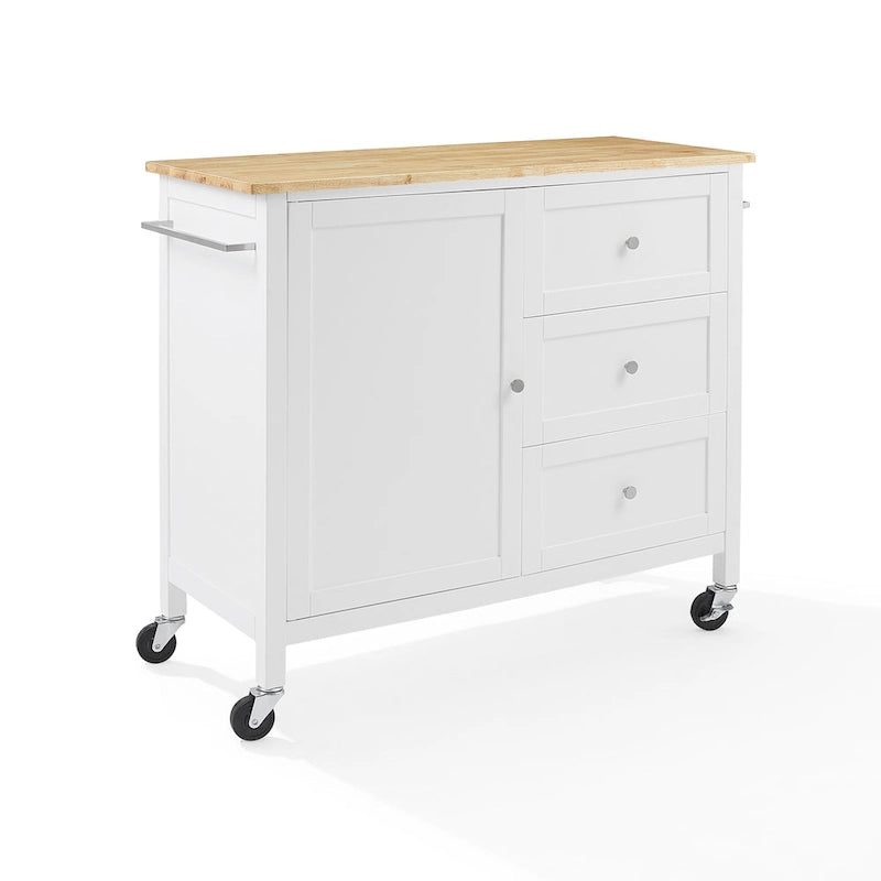 Kitchen Island Cart Wood Top Shaker Cabinet 3 Drawers Towel Bars Caster Wheels White