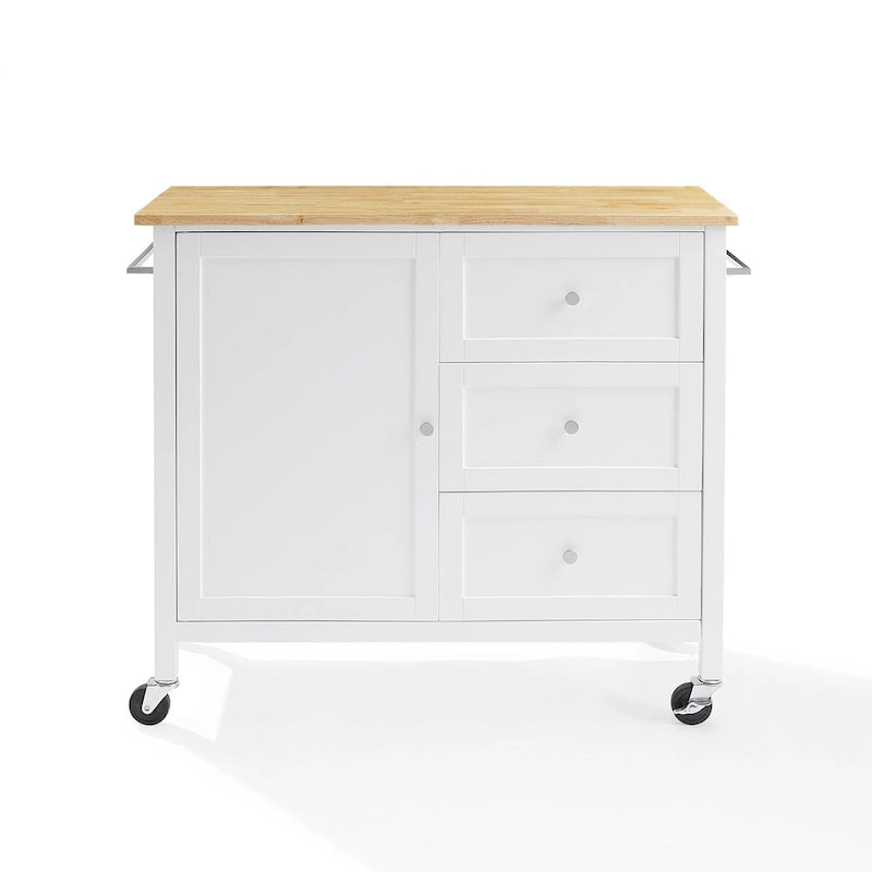 Kitchen Island Cart Wood Top Shaker Cabinet 3 Drawers Towel Bars Caster Wheels White