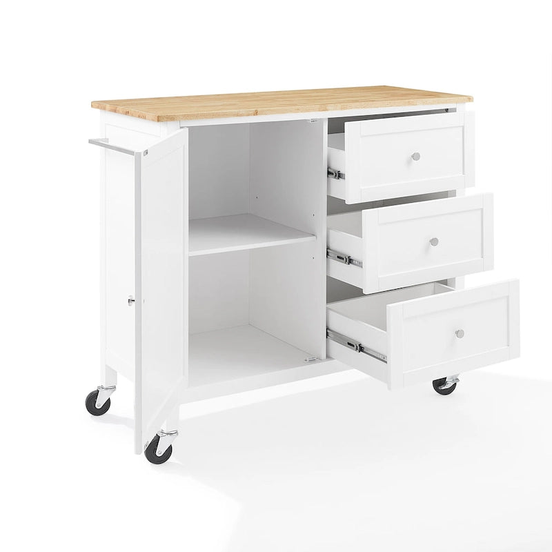 Kitchen Island Cart Wood Top Shaker Cabinet 3 Drawers Towel Bars Caster Wheels White