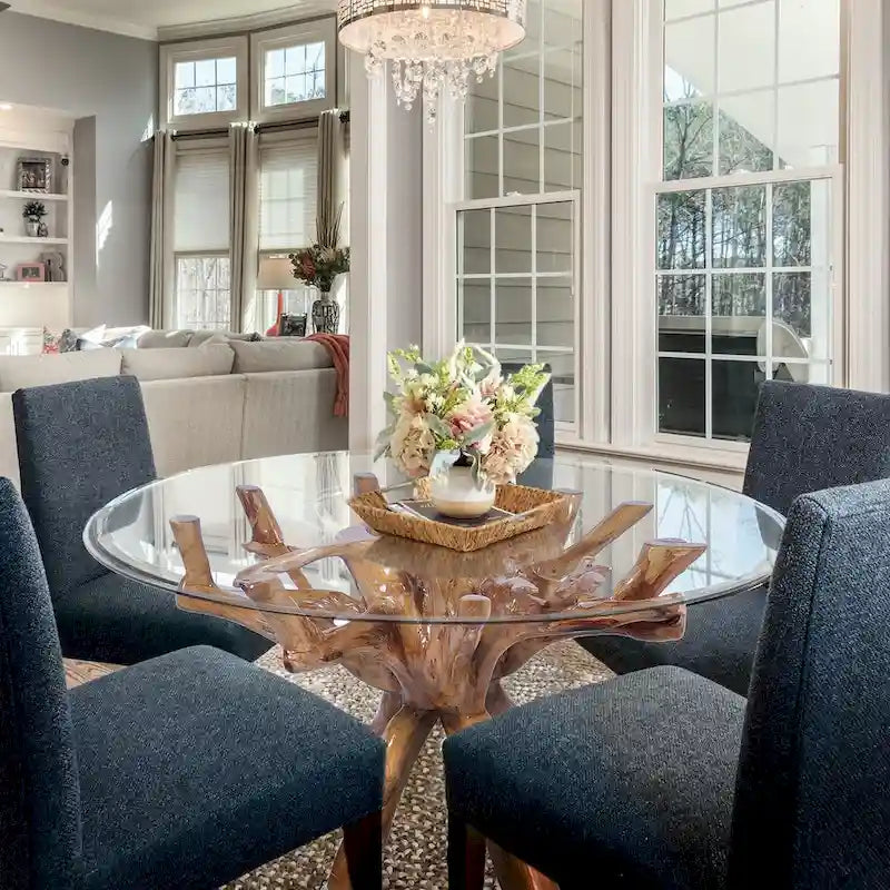 Round Teak Wood Root Pedestal Dining Table Natural Brown Lacquer Finish