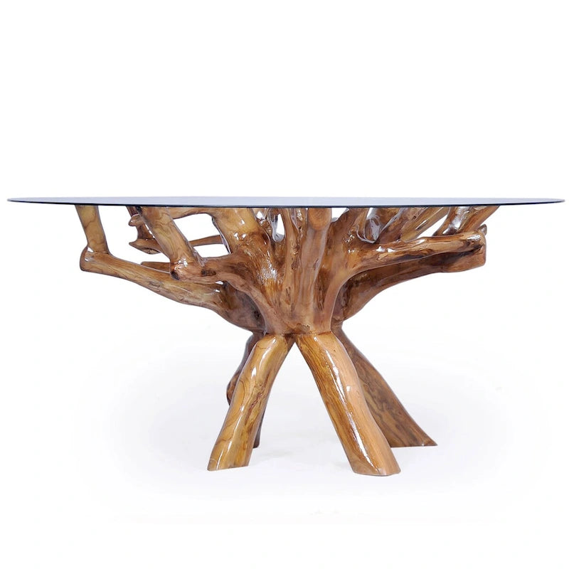 Round Teak Wood Root Pedestal Dining Table Natural Brown Lacquer Finish