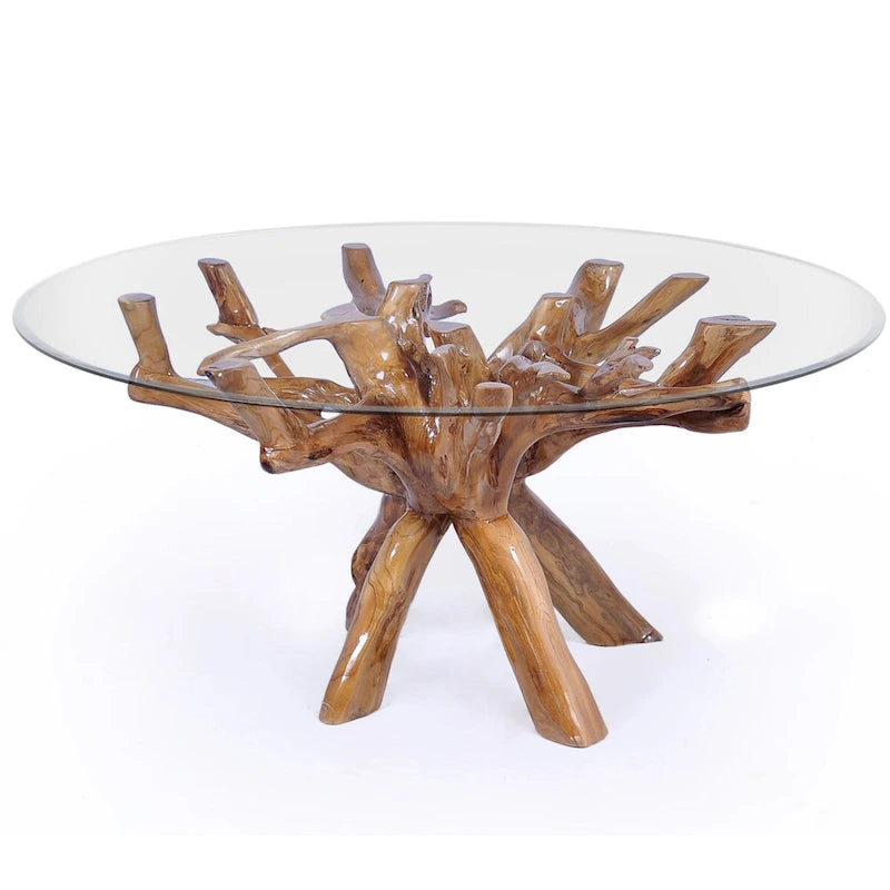 Round Teak Wood Root Pedestal Dining Table Natural Brown Lacquer Finish