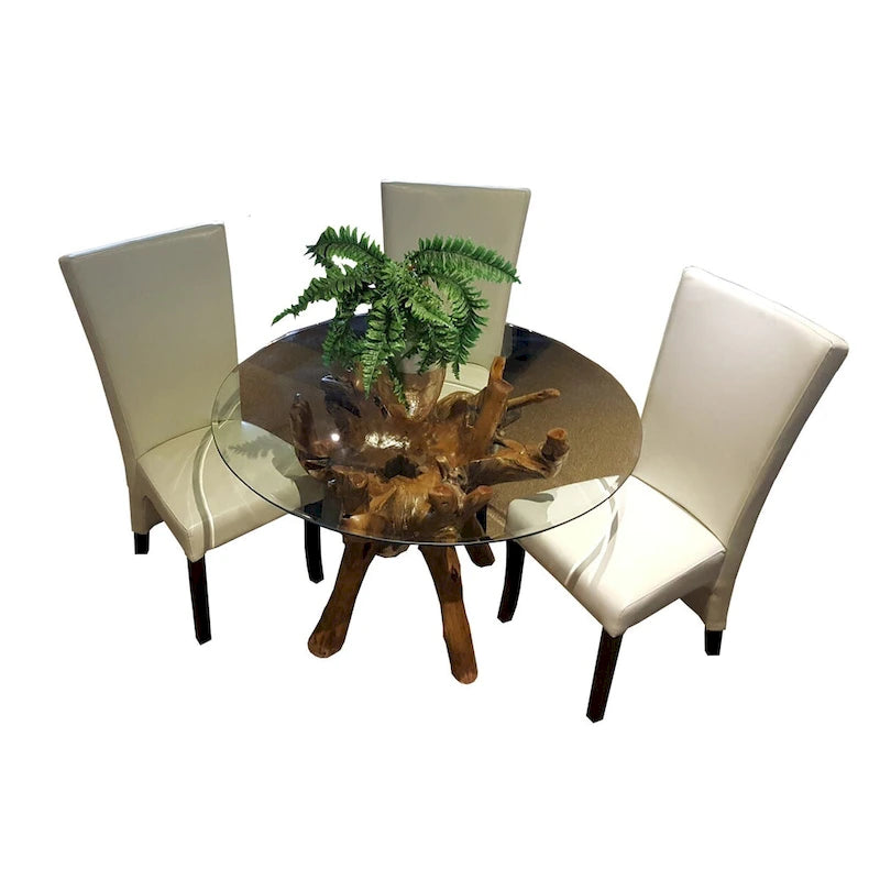 Round Teak Wood Root Pedestal Dining Table Natural Brown Lacquer Finish