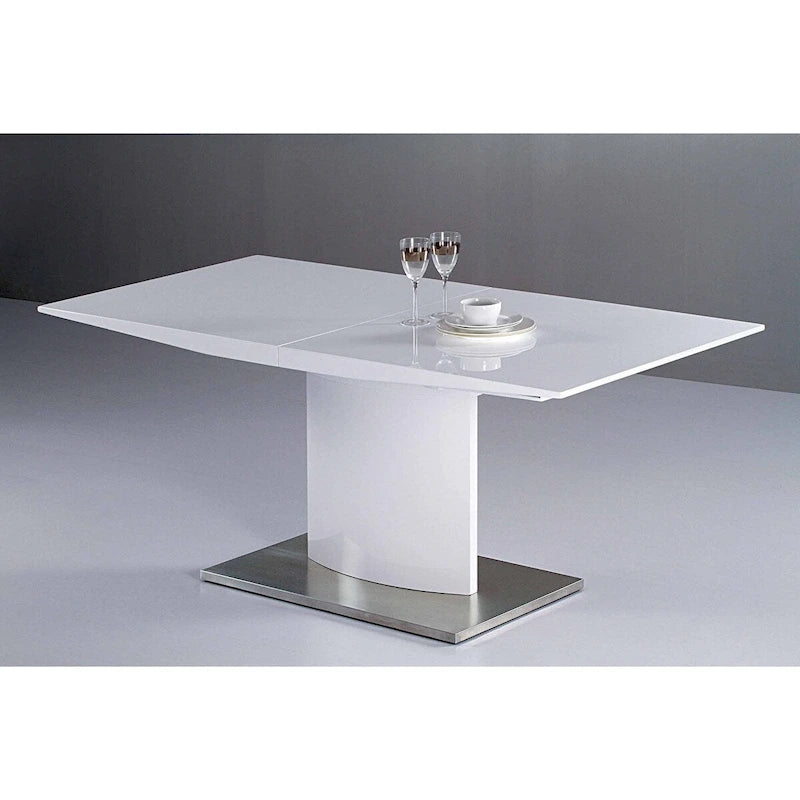 White High Gloss Lacquer Extension Dining Table Pedestal Base Stainless Steel