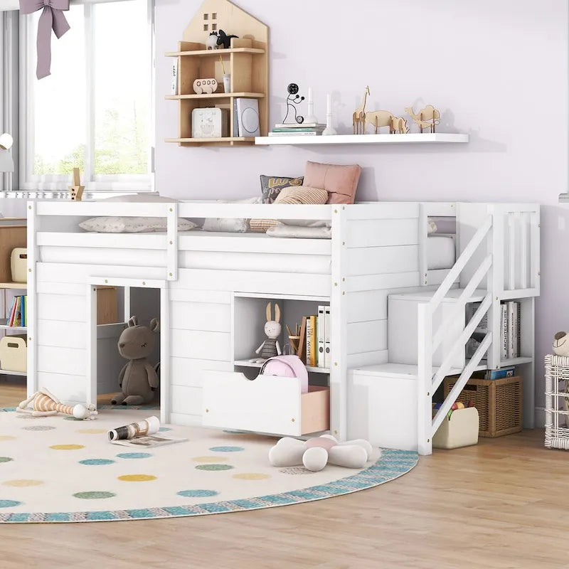 Kids Twin Low Loft Bed Playhouse Design Staircase Storage Drawer Bookshelf White