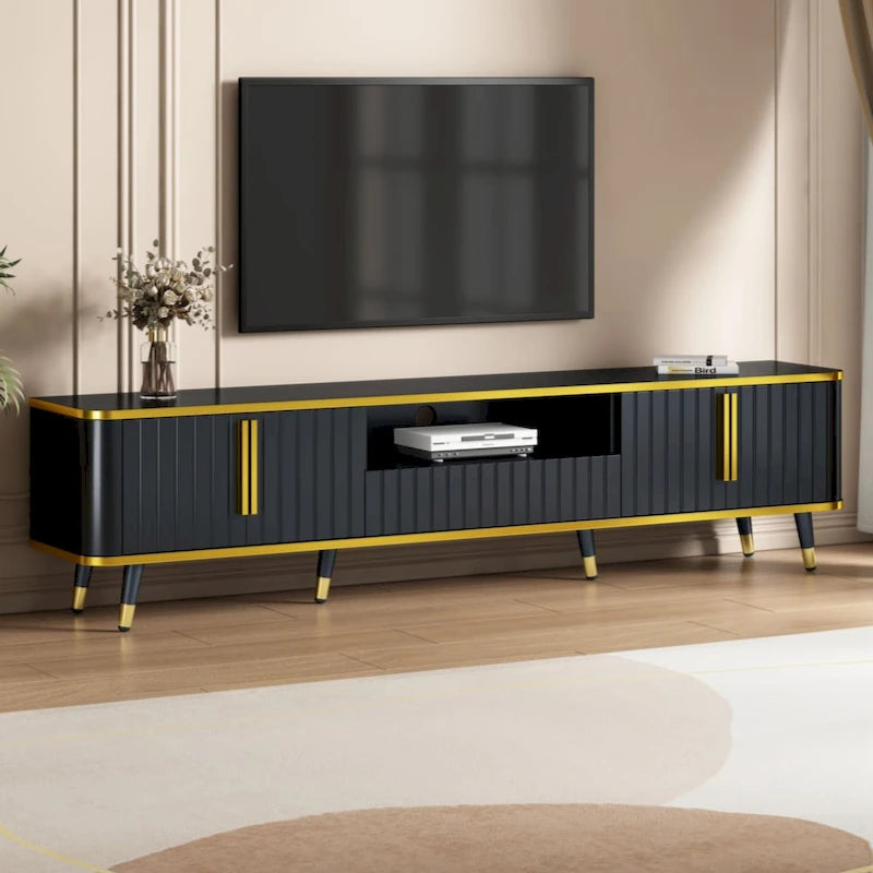 TV Stand Entertainment Center for TVs Up to 85 Inch Gold Trim Cabinets Drawer Open Shelf