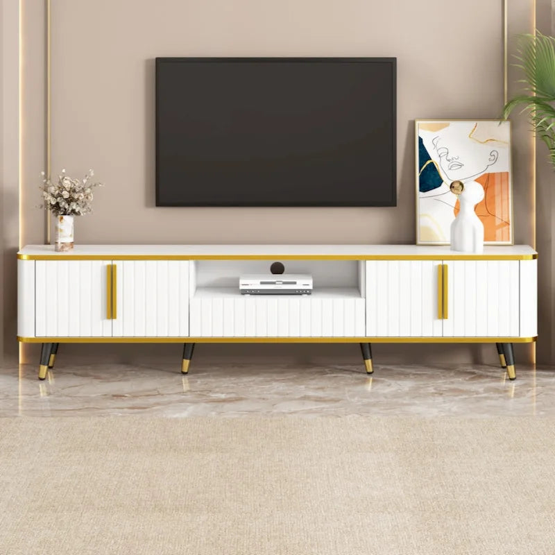 TV Stand Entertainment Center for TVs Up to 85 Inch Gold Trim Cabinets Drawer Open Shelf