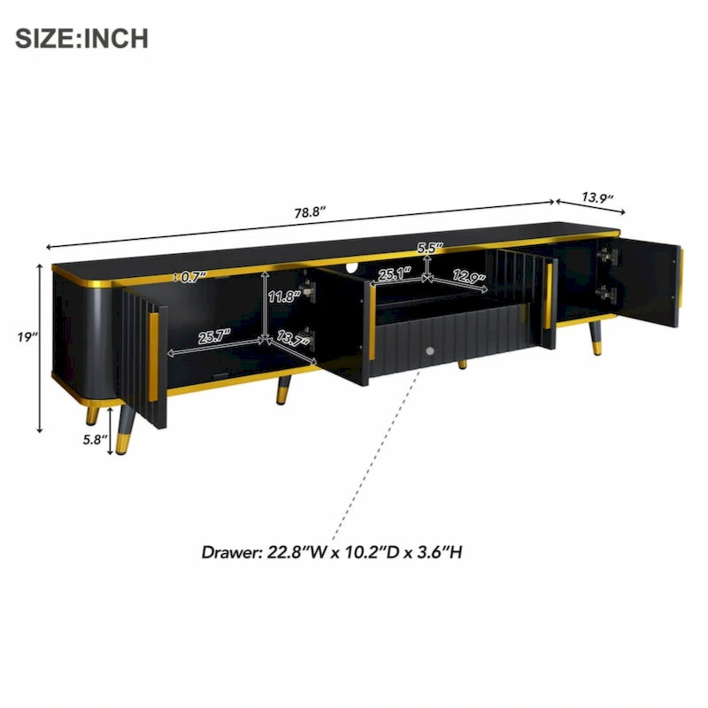 TV Stand Entertainment Center for TVs Up to 85 Inch Gold Trim Cabinets Drawer Open Shelf