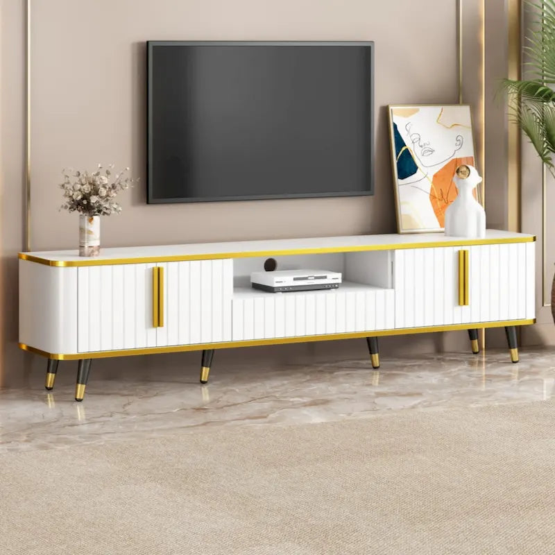 TV Stand Entertainment Center for TVs Up to 85 Inch Gold Trim Cabinets Drawer Open Shelf