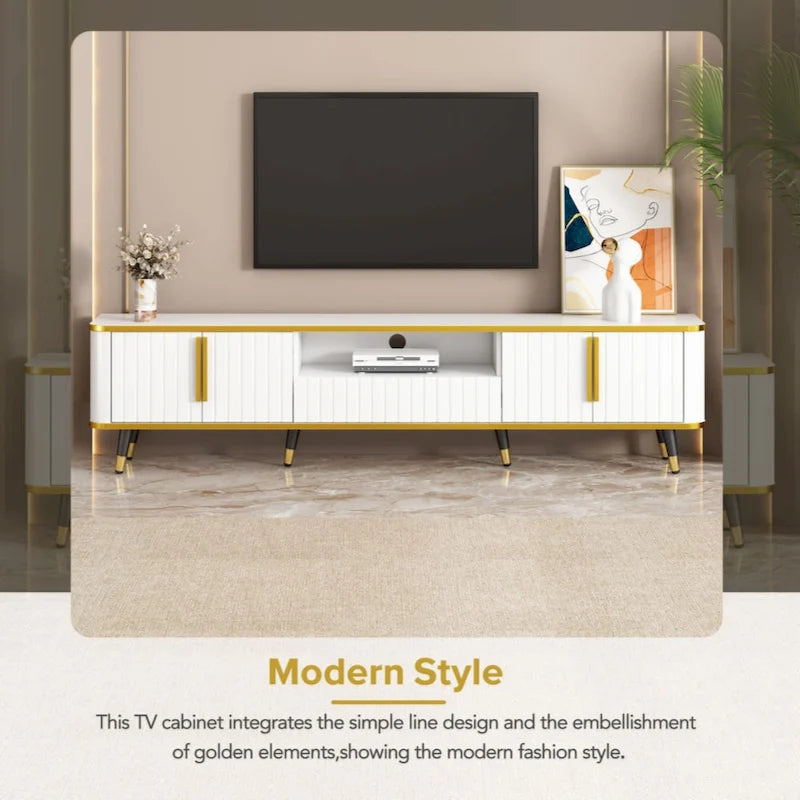 TV Stand Entertainment Center for TVs Up to 85 Inch Gold Trim Cabinets Drawer Open Shelf