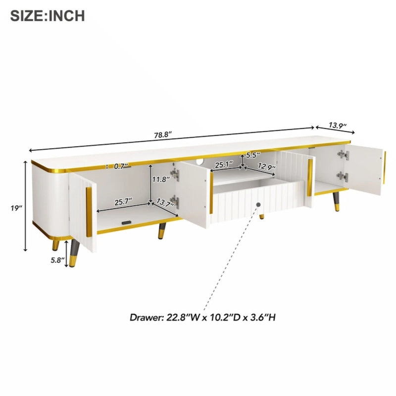 TV Stand Entertainment Center for TVs Up to 85 Inch Gold Trim Cabinets Drawer Open Shelf