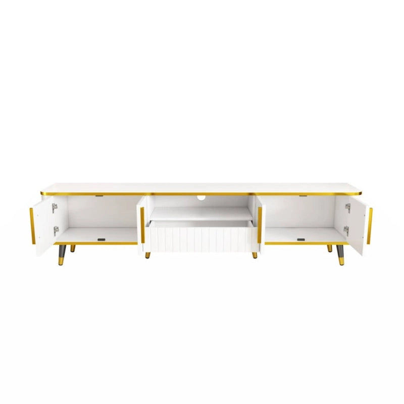 TV Stand Entertainment Center for TVs Up to 85 Inch Gold Trim Cabinets Drawer Open Shelf