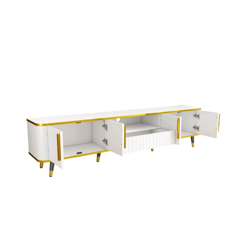 TV Stand Entertainment Center for TVs Up to 85 Inch Gold Trim Cabinets Drawer Open Shelf