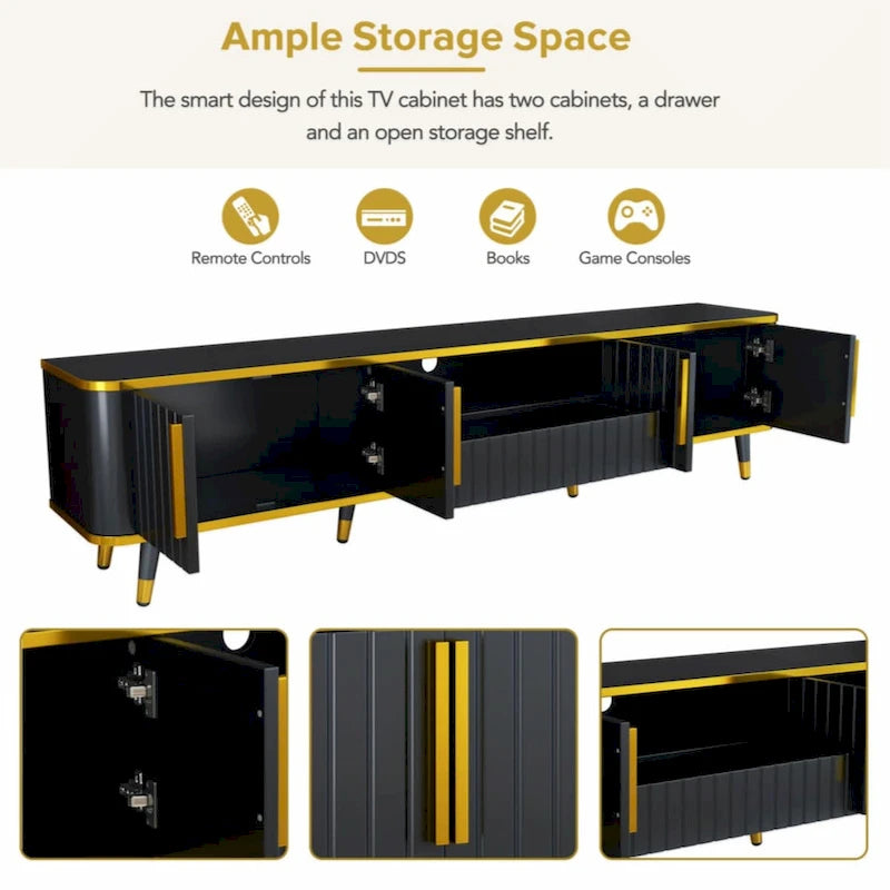 TV Stand Entertainment Center for TVs Up to 85 Inch Gold Trim Cabinets Drawer Open Shelf
