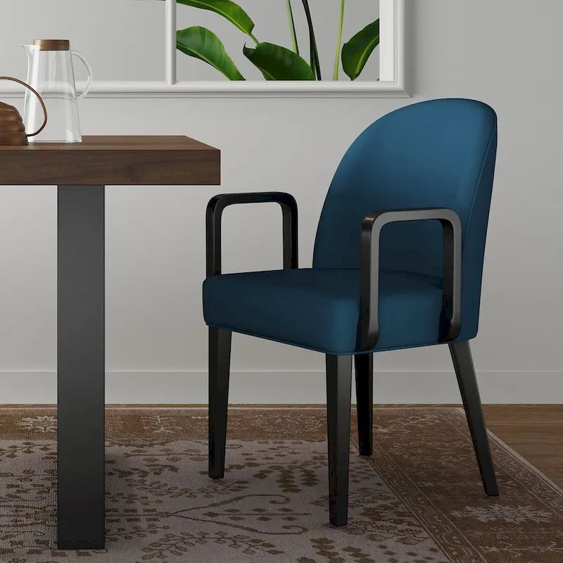 Modern Dining Armchair Leatherette Front Velvet Back Walnut Stained Beech Frame