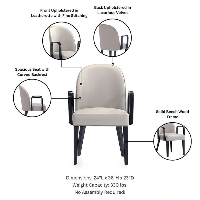 Modern Dining Armchair Leatherette Front Velvet Back Walnut Stained Beech Frame