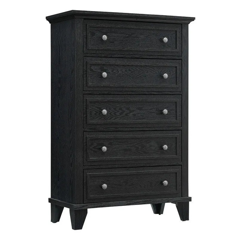 Vintage 5-Drawer Tall Dresser Chest of Drawers Metal Knobs Tapered Legs Black