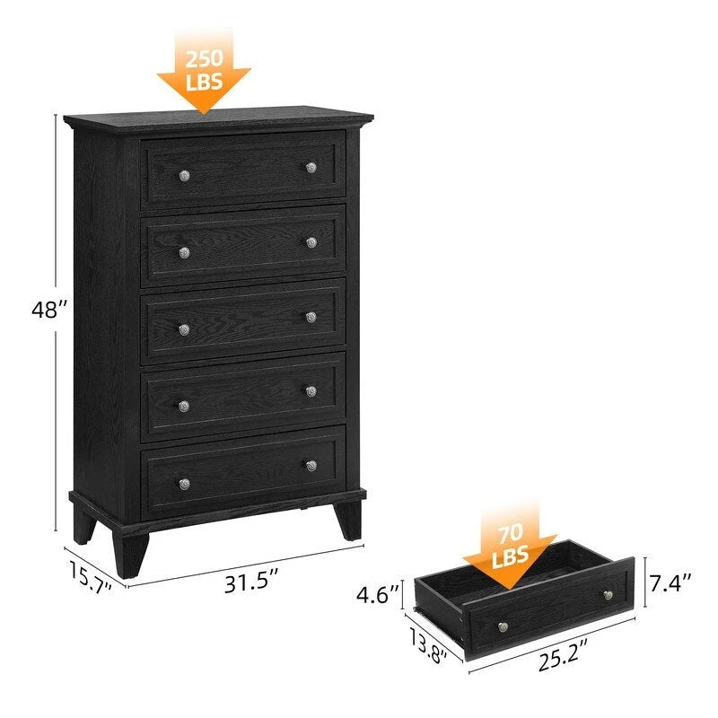 Vintage 5-Drawer Tall Dresser Chest of Drawers Metal Knobs Tapered Legs Black