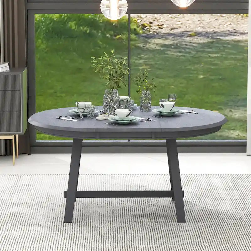 Round Extendable Dining Table MDF Top Rubber Wood Legs Gray Natural Wood Wash