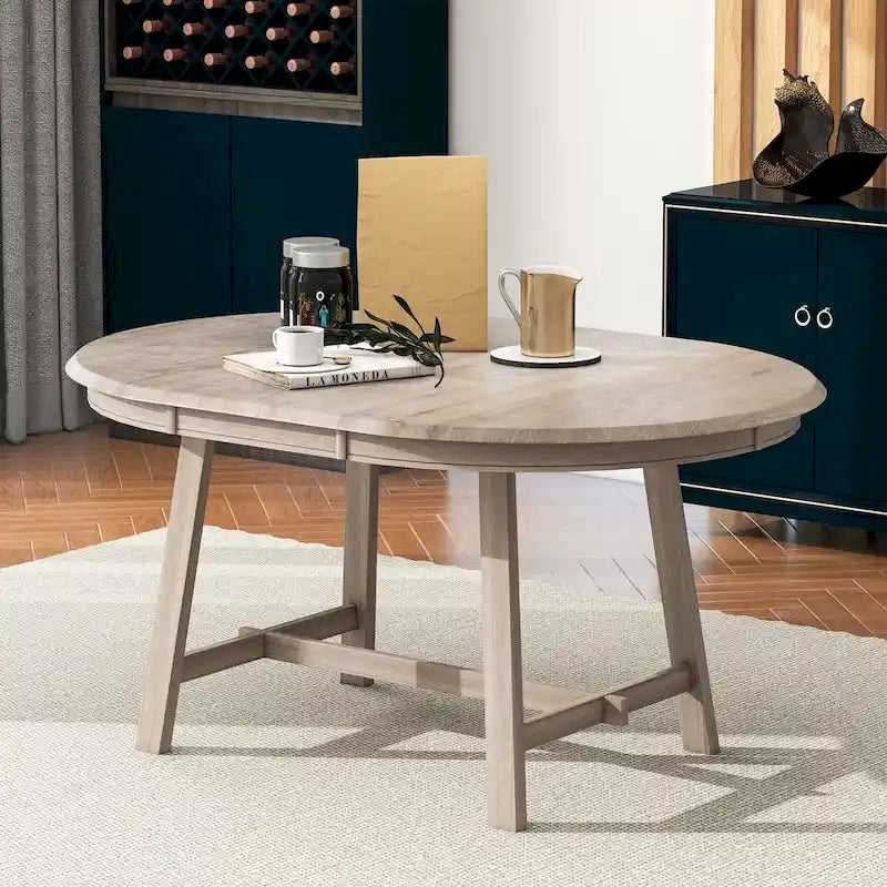 Round Extendable Dining Table MDF Top Rubber Wood Legs Gray Natural Wood Wash