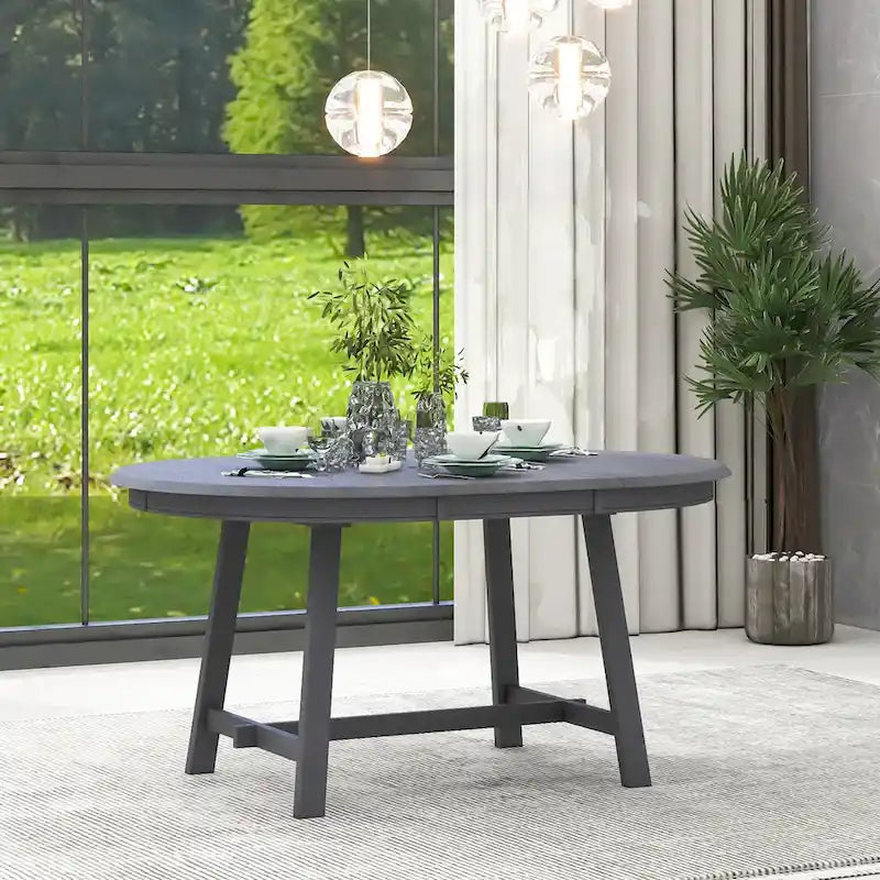 Round Extendable Dining Table MDF Top Rubber Wood Legs Gray Natural Wood Wash