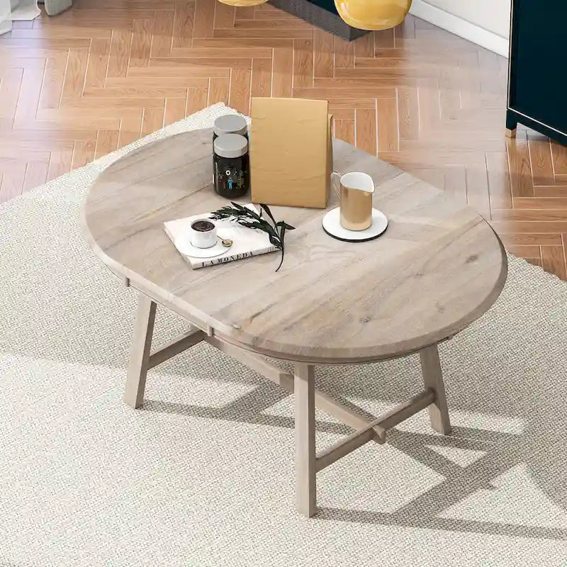 Round Extendable Dining Table MDF Top Rubber Wood Legs Gray Natural Wood Wash