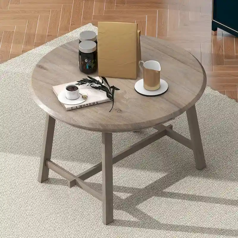 Round Extendable Dining Table MDF Top Rubber Wood Legs Gray Natural Wood Wash