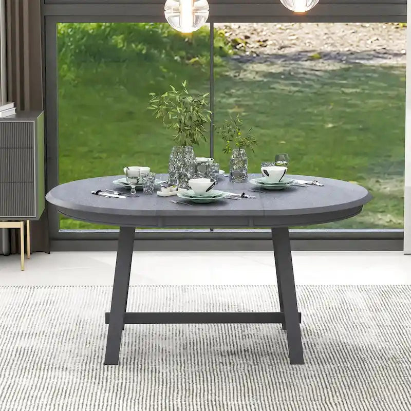 Round Extendable Dining Table MDF Top Rubber Wood Legs Gray Natural Wood Wash