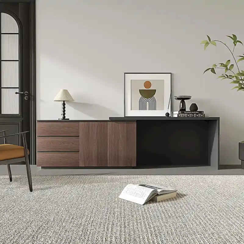 Expandable L-Shaped Home Office Desk with Drawers Cabinet Brown Black