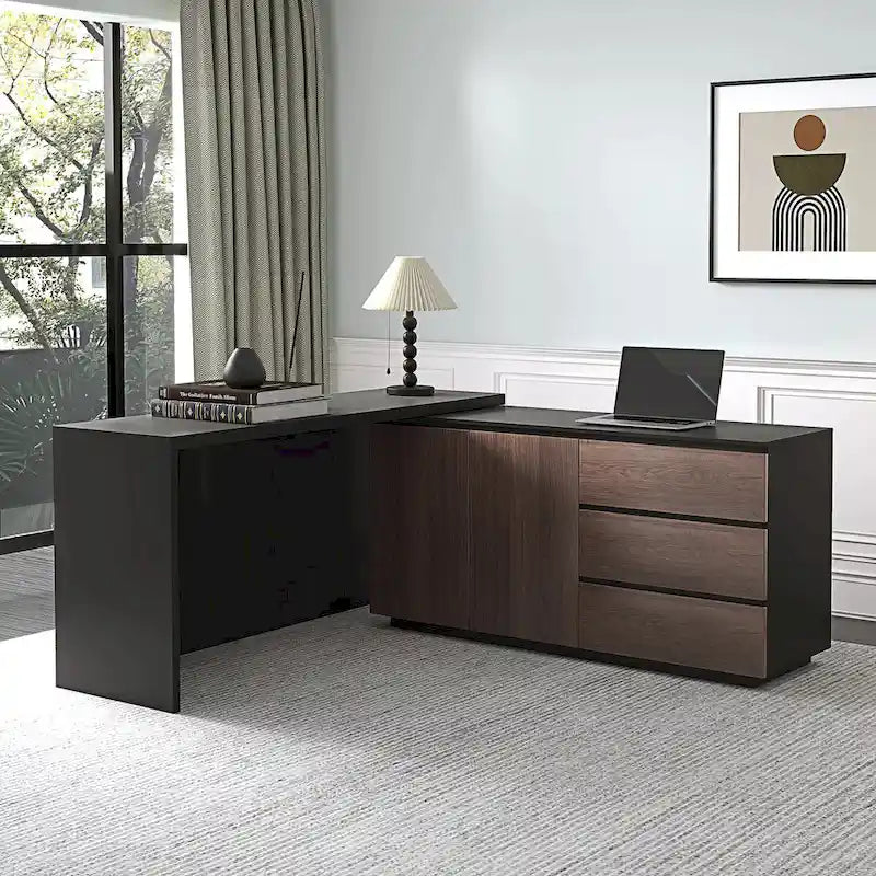 Expandable L-Shaped Home Office Desk with Drawers Cabinet Brown Black