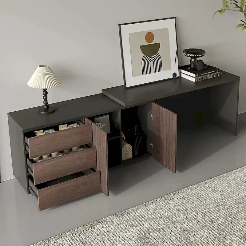 Expandable L-Shaped Home Office Desk with Drawers Cabinet Brown Black