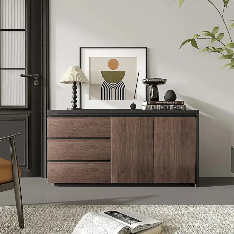 Expandable L-Shaped Home Office Desk with Drawers Cabinet Brown Black