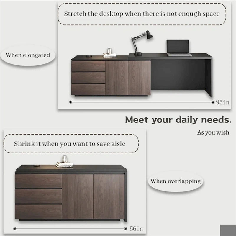 Expandable L-Shaped Home Office Desk with Drawers Cabinet Brown Black