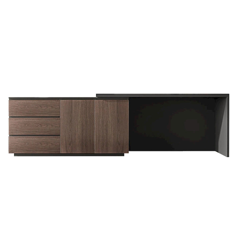 Expandable L-Shaped Home Office Desk with Drawers Cabinet Brown Black