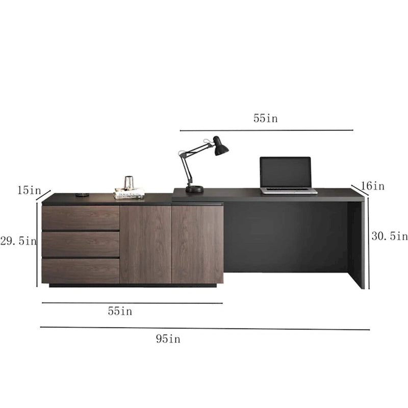 Expandable L-Shaped Home Office Desk with Drawers Cabinet Brown Black