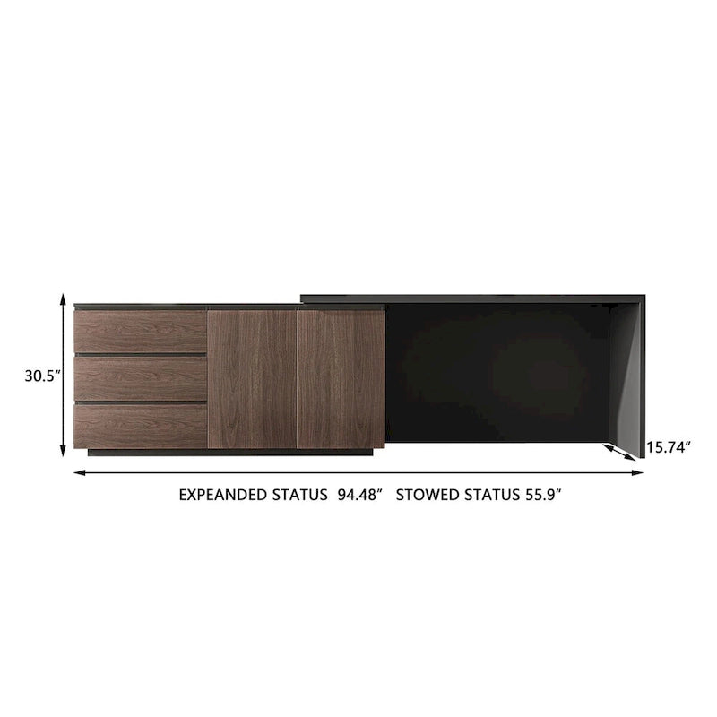 Expandable L-Shaped Home Office Desk with Drawers Cabinet Brown Black