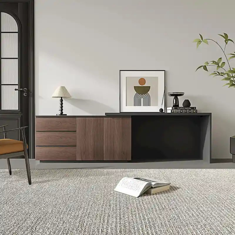 Expandable L-Shaped Home Office Desk with Drawers Cabinet Brown Black