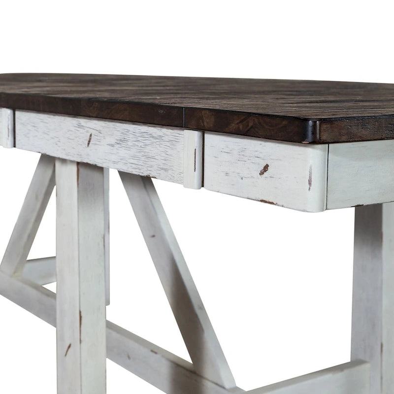 Farmhouse Trestle Dining Table Two-Tone Distressed Two 18-Inch Leaves Seats 8 Rubberwood