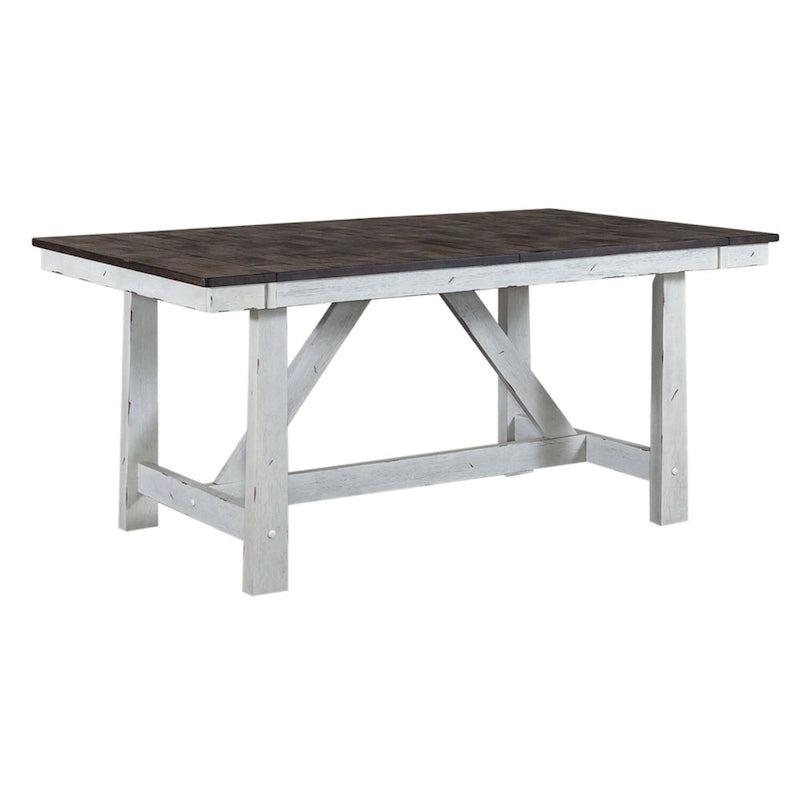 Farmhouse Trestle Dining Table Two-Tone Distressed Two 18-Inch Leaves Seats 8 Rubberwood
