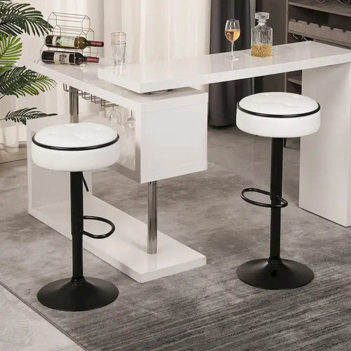 Adjustable Height Swivel Bar Stool Round PU Leather Seat Hidden Storage Footrest Set of 2