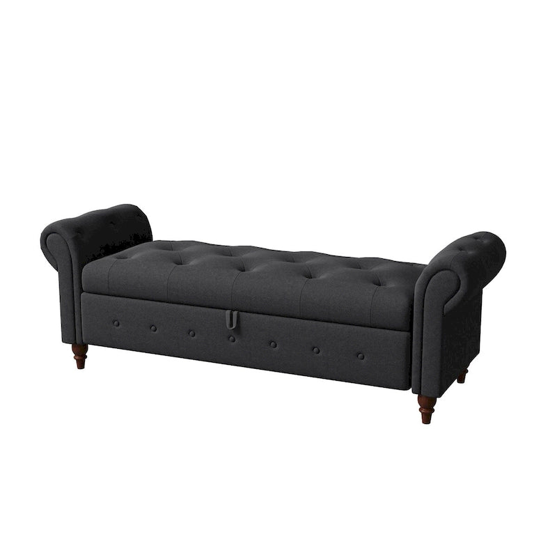 Storage Ottoman Bench 63 Inch Rolled Arms Button Tufted Lid Turned Wood Legs 7 Colors
