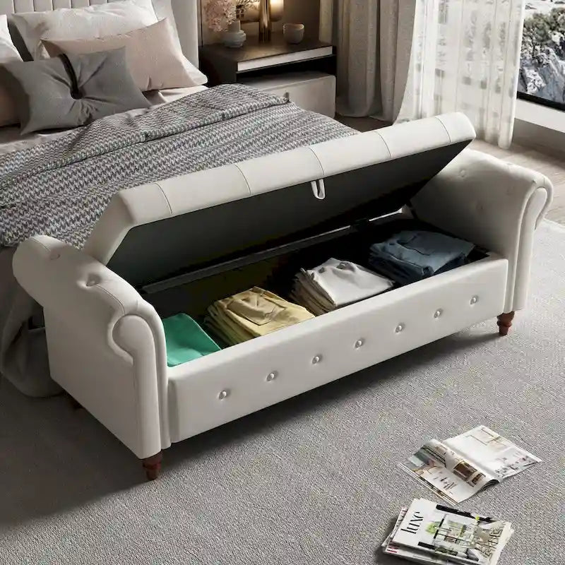 Storage Ottoman Bench 63 Inch Rolled Arms Button Tufted Lid Turned Wood Legs 7 Colors