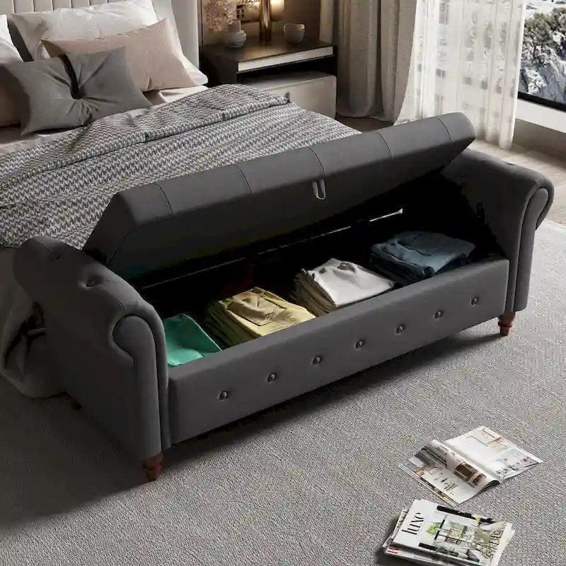 Storage Ottoman Bench 63 Inch Rolled Arms Button Tufted Lid Turned Wood Legs 7 Colors