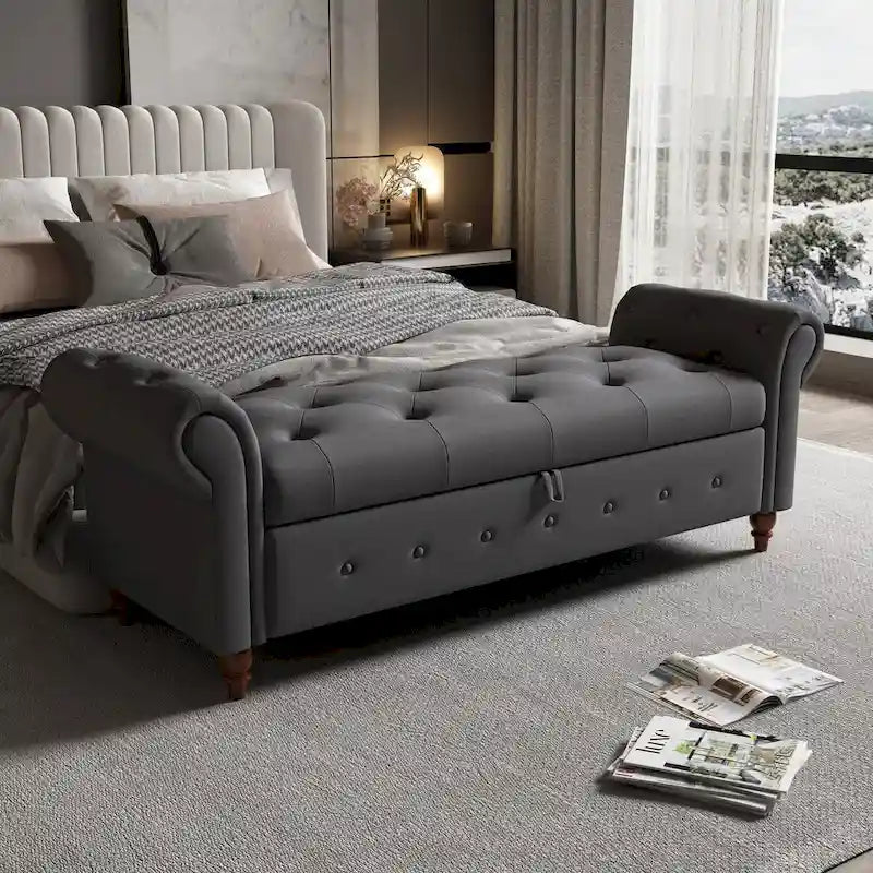 Storage Ottoman Bench 63 Inch Rolled Arms Button Tufted Lid Turned Wood Legs 7 Colors